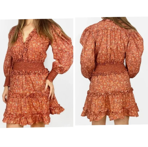 House of Harlow 1960 Floral Smocked Waist Peasant Dress Wallis Rust Orange XL - Picture 1 of 8